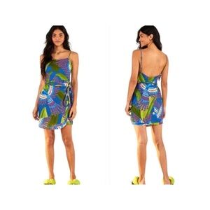 Farm Rio Blue Macaw Mini Wrap Dress Linen Large | Missing Belt, Needs Repair
